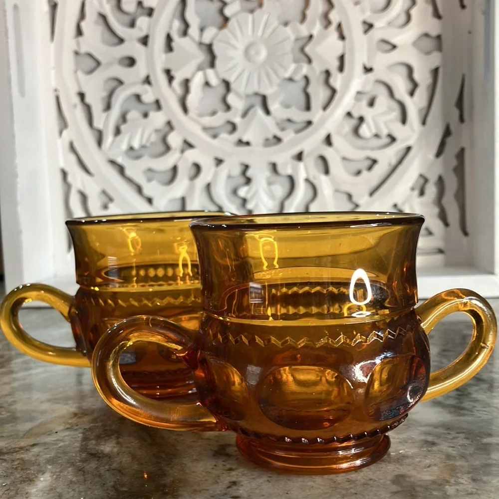 Vintage Amber Glass Sugar Bowl Creamer Set